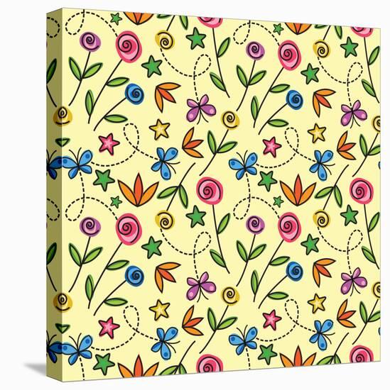 Cartoon Seamless Pattern with Flowers and Butterflies-Olga Savinova-Stretched Canvas