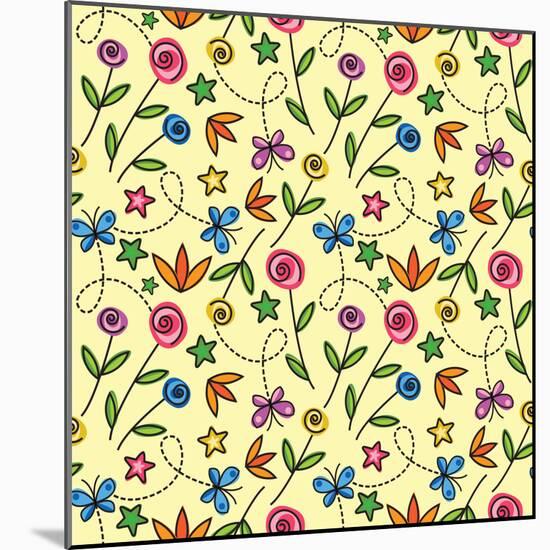 Cartoon Seamless Pattern with Flowers and Butterflies-Olga Savinova-Mounted Art Print