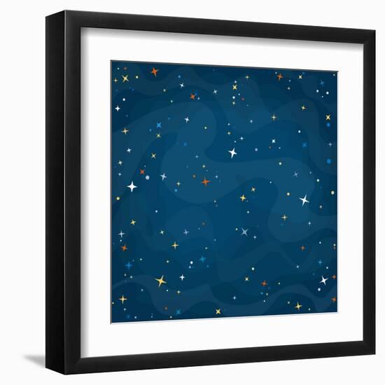 Cartoon Space Background with Colorful Stars. Night Starry Sky. Vector Illustration.-0mela-Framed Art Print