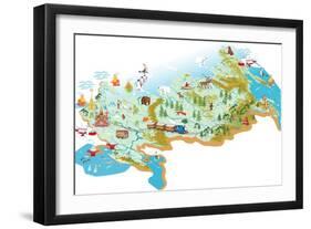 Cartoon Vector Map of Russia with a Symbol of Moscow - St. Basil's Cathedral, a Symbol of St. Peter-Milovelen-Framed Art Print