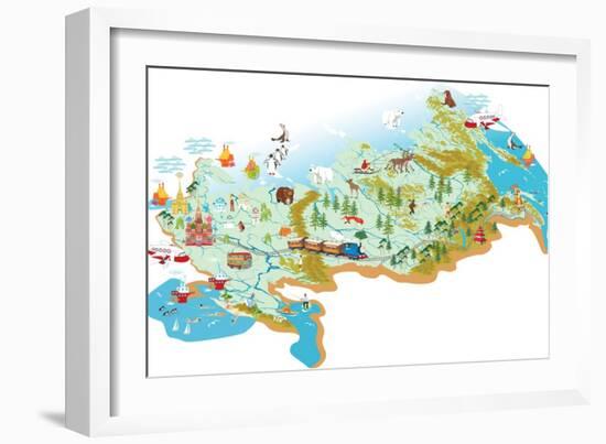 Cartoon Vector Map of Russia with a Symbol of Moscow - St. Basil's Cathedral, a Symbol of St. Peter-Milovelen-Framed Art Print