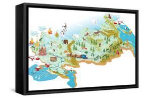 Cartoon Vector Map of Russia with a Symbol of Moscow - St. Basil's Cathedral, a Symbol of St. Peter-Milovelen-Framed Stretched Canvas