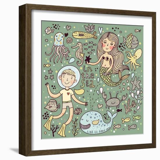 Cartoon Vector Set about Sea-Life-smilewithjul-Framed Art Print