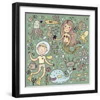 Cartoon Vector Set about Sea-Life-smilewithjul-Framed Art Print