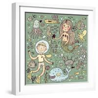 Cartoon Vector Set about Sea-Life-smilewithjul-Framed Art Print