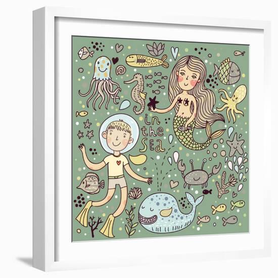 Cartoon Vector Set about Sea-Life-smilewithjul-Framed Art Print