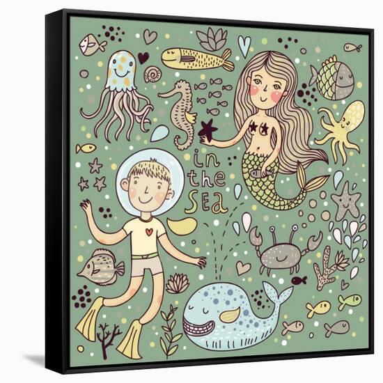 Cartoon Vector Set about Sea-Life-smilewithjul-Framed Stretched Canvas