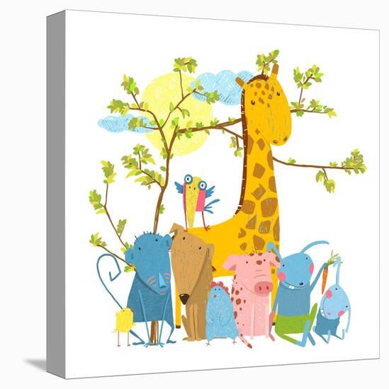 Cartoon Zoo Friends Animals Group, Funny Zoo and Farm Animals Sitting Together under the Tree. Rast-Popmarleo-Stretched Canvas