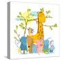 Cartoon Zoo Friends Animals Group, Funny Zoo and Farm Animals Sitting Together under the Tree. Rast-Popmarleo-Stretched Canvas