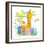 Cartoon Zoo Friends Animals Group, Funny Zoo and Farm Animals Sitting Together under the Tree. Rast-Popmarleo-Framed Art Print