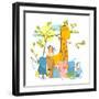 Cartoon Zoo Friends Animals Group, Funny Zoo and Farm Animals Sitting Together under the Tree. Rast-Popmarleo-Framed Art Print