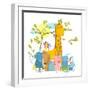 Cartoon Zoo Friends Animals Group, Funny Zoo and Farm Animals Sitting Together under the Tree. Rast-Popmarleo-Framed Art Print