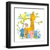 Cartoon Zoo Friends Animals Group, Funny Zoo and Farm Animals Sitting Together under the Tree. Rast-Popmarleo-Framed Art Print