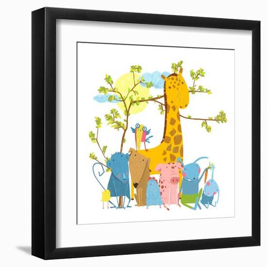 Cartoon Zoo Friends Animals Group, Funny Zoo and Farm Animals Sitting Together under the Tree. Rast-Popmarleo-Framed Art Print