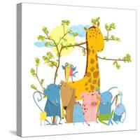 Cartoon Zoo Friends Animals Group. Funny Zoo and Farm Animals Sitting Together under the Tree. Vect-Popmarleo-Stretched Canvas