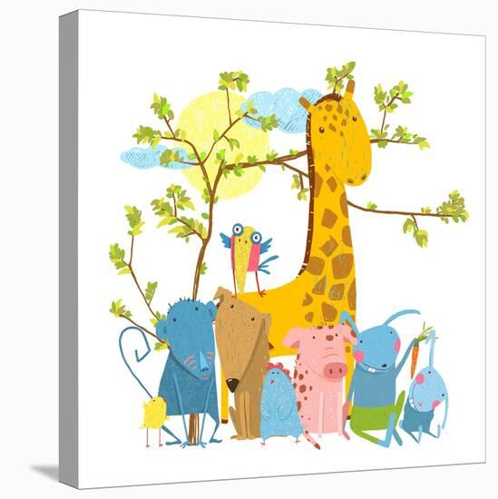 Cartoon Zoo Friends Animals Group. Funny Zoo and Farm Animals Sitting Together under the Tree. Vect-Popmarleo-Stretched Canvas