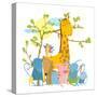 Cartoon Zoo Friends Animals Group. Funny Zoo and Farm Animals Sitting Together under the Tree. Vect-Popmarleo-Stretched Canvas