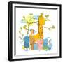 Cartoon Zoo Friends Animals Group. Funny Zoo and Farm Animals Sitting Together under the Tree. Vect-Popmarleo-Framed Premium Giclee Print