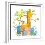 Cartoon Zoo Friends Animals Group. Funny Zoo and Farm Animals Sitting Together under the Tree. Vect-Popmarleo-Framed Premium Giclee Print