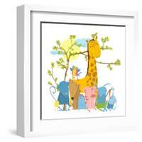 Cartoon Zoo Friends Animals Group. Funny Zoo and Farm Animals Sitting Together under the Tree. Vect-Popmarleo-Framed Art Print