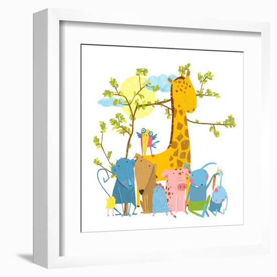 Cartoon Zoo Friends Animals Group. Funny Zoo and Farm Animals Sitting Together under the Tree. Vect-Popmarleo-Framed Art Print