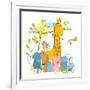 Cartoon Zoo Friends Animals Group. Funny Zoo and Farm Animals Sitting Together under the Tree. Vect-Popmarleo-Framed Art Print