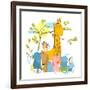 Cartoon Zoo Friends Animals Group. Funny Zoo and Farm Animals Sitting Together under the Tree. Vect-Popmarleo-Framed Art Print