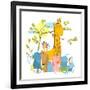 Cartoon Zoo Friends Animals Group. Funny Zoo and Farm Animals Sitting Together under the Tree. Vect-Popmarleo-Framed Art Print