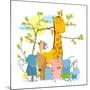 Cartoon Zoo Friends Animals Group. Funny Zoo and Farm Animals Sitting Together under the Tree. Vect-Popmarleo-Mounted Art Print