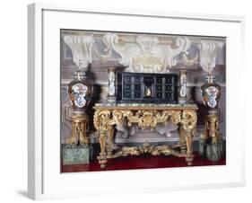 Carved and Gilt Wood Console Table with Curved Legs Joined by Crossed Stretchers and Marble Top-null-Framed Giclee Print