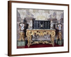 Carved and Gilt Wood Console Table with Curved Legs Joined by Crossed Stretchers and Marble Top-null-Framed Giclee Print