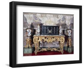 Carved and Gilt Wood Console Table with Curved Legs Joined by Crossed Stretchers and Marble Top-null-Framed Giclee Print