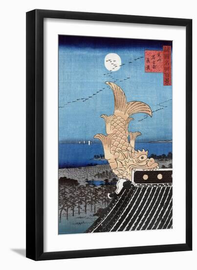 Carved Fish on a Roof and View of Bishu Nagoya, Japanese Wood-Cut Print-Lantern Press-Framed Art Print