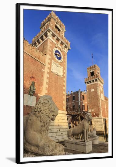 Carved lions, Arsenale entrance (naval shipyard), in winter afternoon sun, Castello, Venice, UNESCO-Eleanor Scriven-Framed Premium Photographic Print