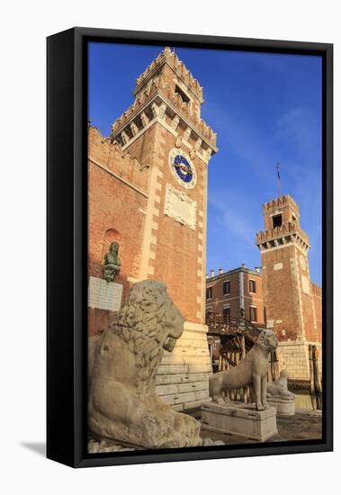 Carved lions, Arsenale entrance (naval shipyard), in winter afternoon sun, Castello, Venice, UNESCO-Eleanor Scriven-Framed Stretched Canvas