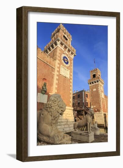 Carved lions, Arsenale entrance (naval shipyard), in winter afternoon sun, Castello, Venice, UNESCO-Eleanor Scriven-Framed Photographic Print