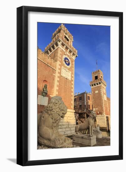 Carved lions, Arsenale entrance (naval shipyard), in winter afternoon sun, Castello, Venice, UNESCO-Eleanor Scriven-Framed Photographic Print