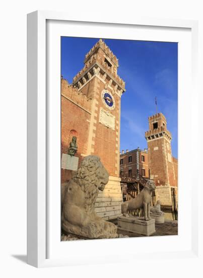 Carved lions, Arsenale entrance (naval shipyard), in winter afternoon sun, Castello, Venice, UNESCO-Eleanor Scriven-Framed Photographic Print