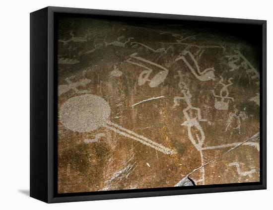 Carved Petroglyph' (People, Deers, Elks, Birds, Boots and Circle), 4th-3rd Millenium BC-null-Framed Stretched Canvas