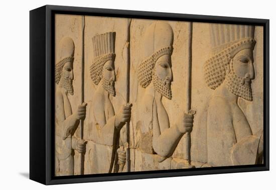 Carved relief of Royal Persian Guards, Apadana Palace, Persepolis, UNESCO World Heritage Site, Iran-James Strachan-Framed Stretched Canvas