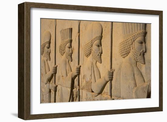 Carved relief of Royal Persian Guards, Apadana Palace, Persepolis, UNESCO World Heritage Site, Iran-James Strachan-Framed Photographic Print