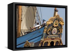 Carved Stern of Tall Ship the Kalmar Nyckel, Chesapeake Bay, Maryland, USA-Scott T. Smith-Framed Stretched Canvas