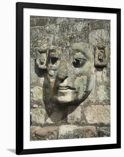 Carved Stone Face on the Steps of the East Court, Copan Archaeological Park, Honduras-null-Framed Photographic Print