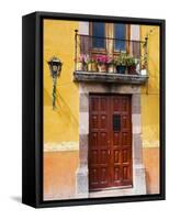 Carved Wooden Door and Balcony, San Miguel, Guanajuato State, Mexico-Julie Eggers-Framed Stretched Canvas