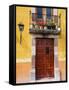 Carved Wooden Door and Balcony, San Miguel, Guanajuato State, Mexico-Julie Eggers-Framed Stretched Canvas