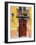 Carved Wooden Door and Balcony, San Miguel, Guanajuato State, Mexico-Julie Eggers-Framed Photographic Print