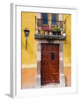 Carved Wooden Door and Balcony, San Miguel, Guanajuato State, Mexico-Julie Eggers-Framed Photographic Print