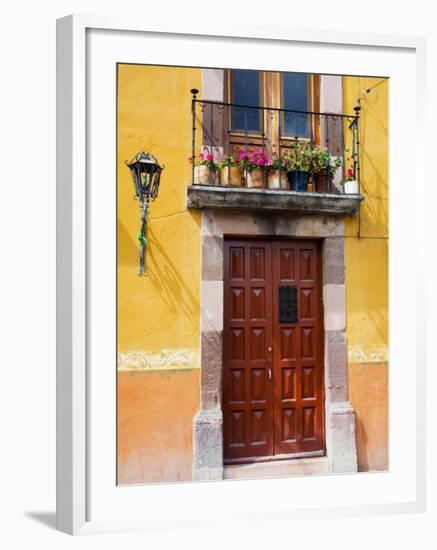 Carved Wooden Door and Balcony, San Miguel, Guanajuato State, Mexico-Julie Eggers-Framed Photographic Print