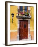 Carved Wooden Door and Balcony, San Miguel, Guanajuato State, Mexico-Julie Eggers-Framed Photographic Print