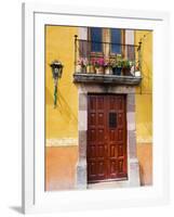 Carved Wooden Door and Balcony, San Miguel, Guanajuato State, Mexico-Julie Eggers-Framed Photographic Print